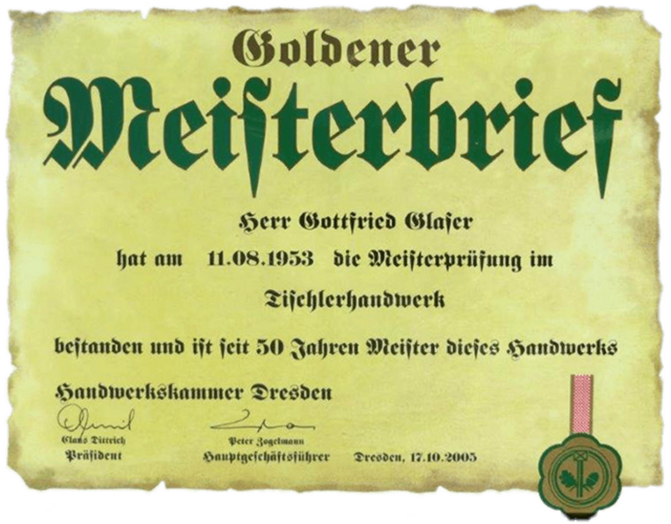 Goldener Meisterbrief - Gottfried Glaser